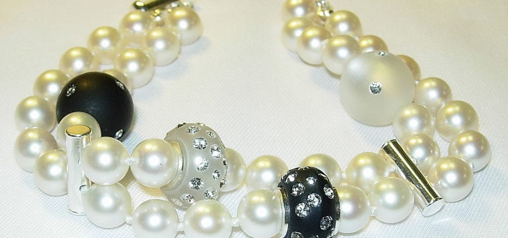 Two strand cultured pearl bracelet with Drusy and Lucite balls with Swarovski crystals