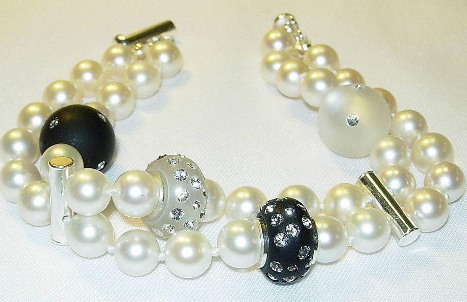 Two strand cultured pearl bracelet with Drusy and Lucite balls with Swarovski crystals